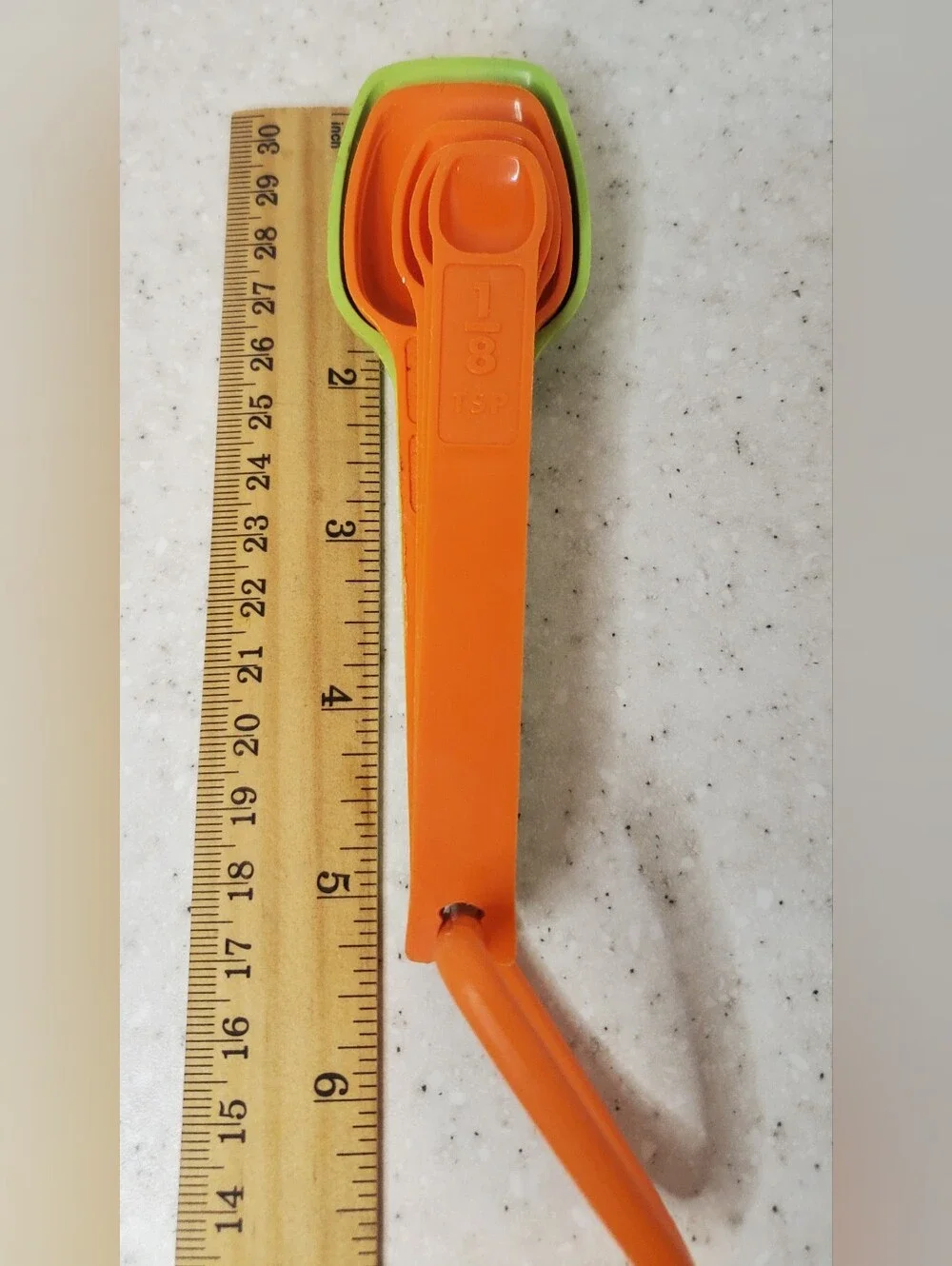 Vintage Tupperware Measuring Spoon Set Orange Green 5 Pc Removable Ring USA